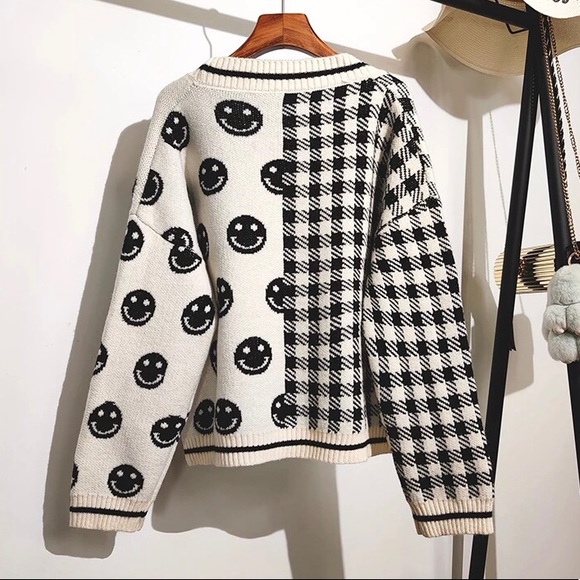 Smiley face cardigan sweater knit black and cream white stripe v-neck happy face - Picture 5 of 7
